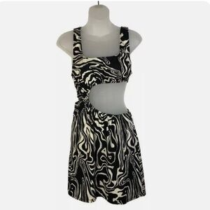 WeWoreWhat Ruched Cut Out Black & White Marble Mini Dress
